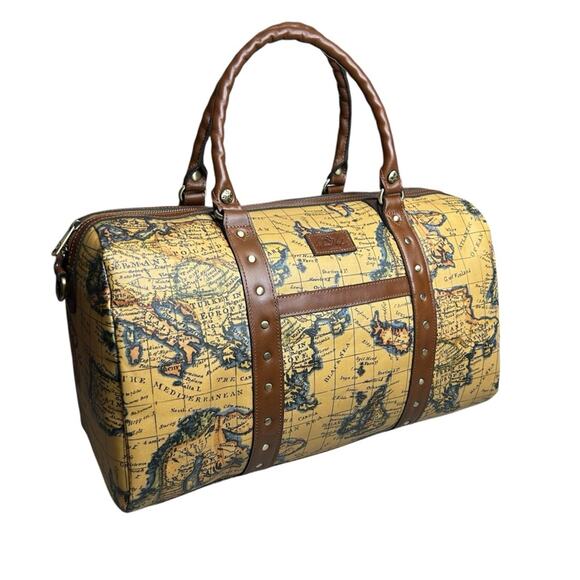Patricia Nash Milano Weekender Duffel Bag European Map Patina Coated Linen NWT - Picture 1 of 12